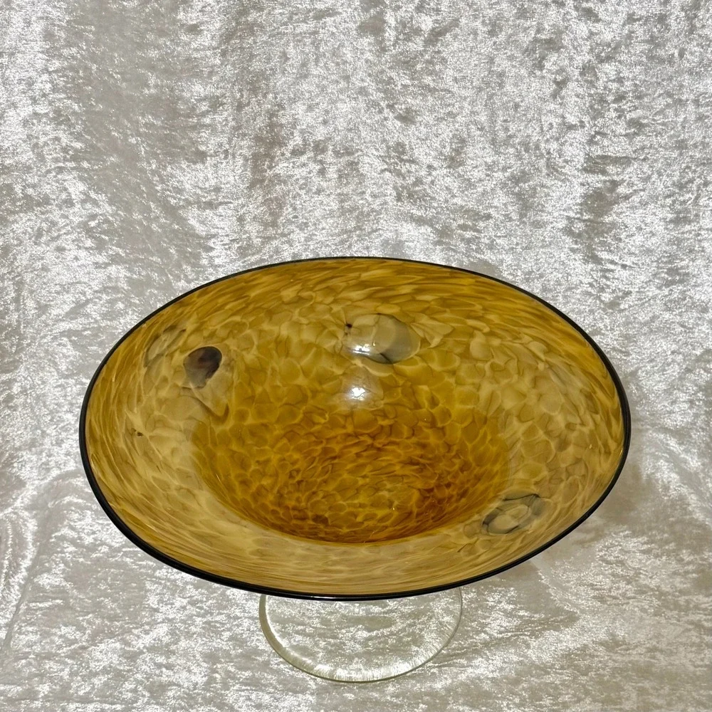 Amber Swirl Bowl‎ Cleat Pedestal Dark Rim Glass Decorative Trinket Dish 6